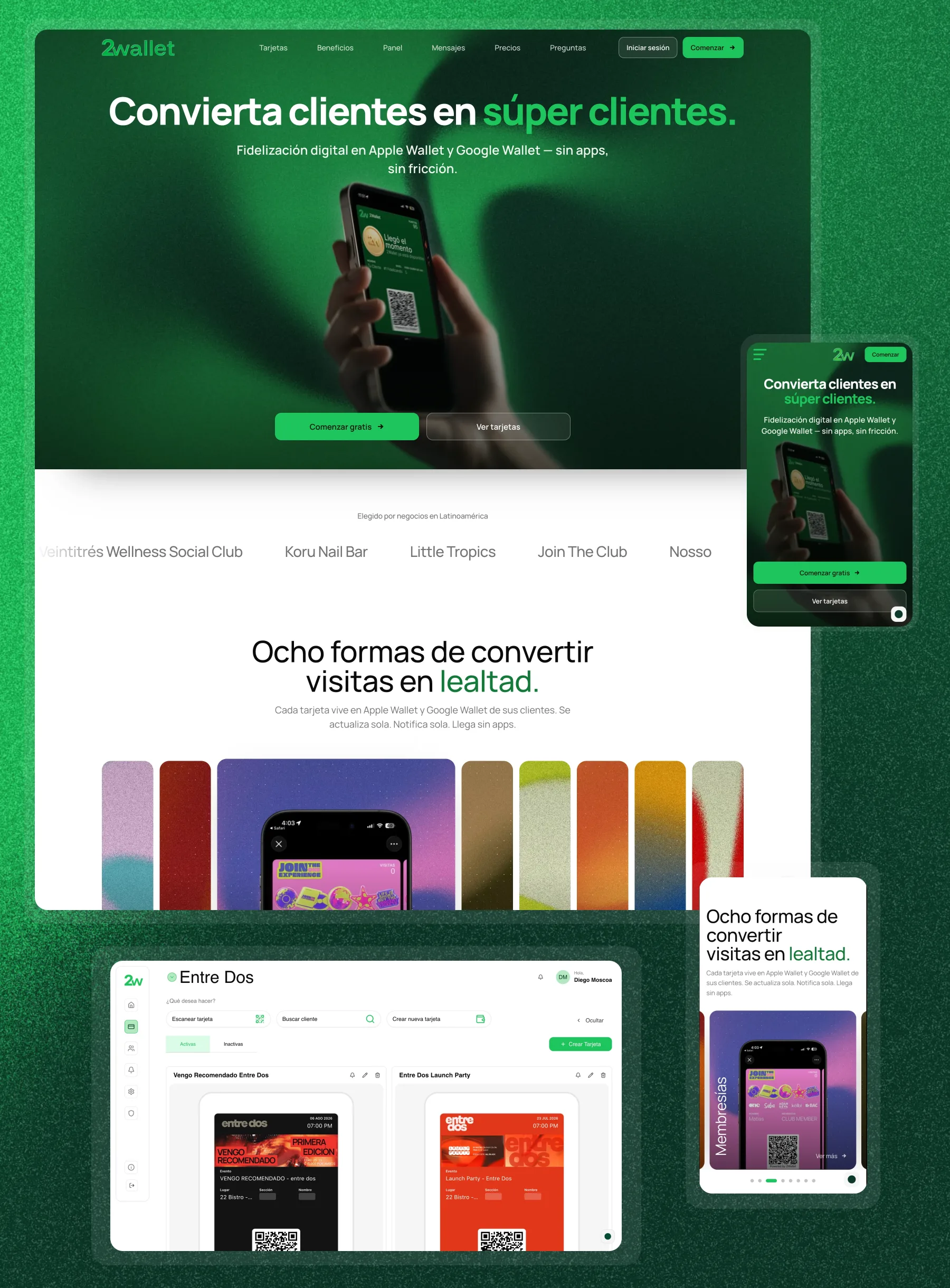 2Wallet case study showing the website, dashboard, mobile experience, and loyalty card sections